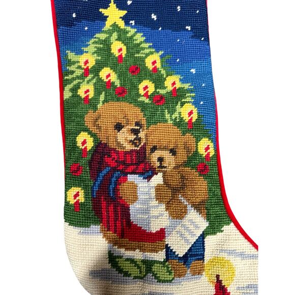 Teddy Bears Caroling Needle Point Christmas Stocking Wool and Cotton Holiday - Picture 2 of 3